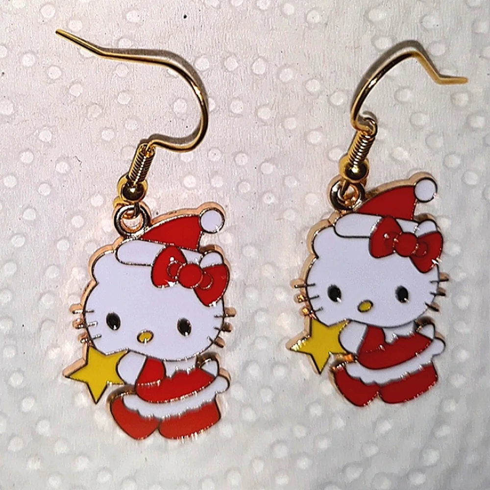 Hello Kitty Gold Star Earrings.Red Whte Gold Enamel stainless Ear wires NEW